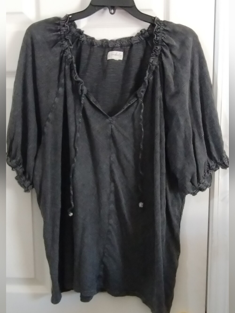 Plus Size Wonderly Washed Black  Peasant Top with Cinched Puff Short Sleeves